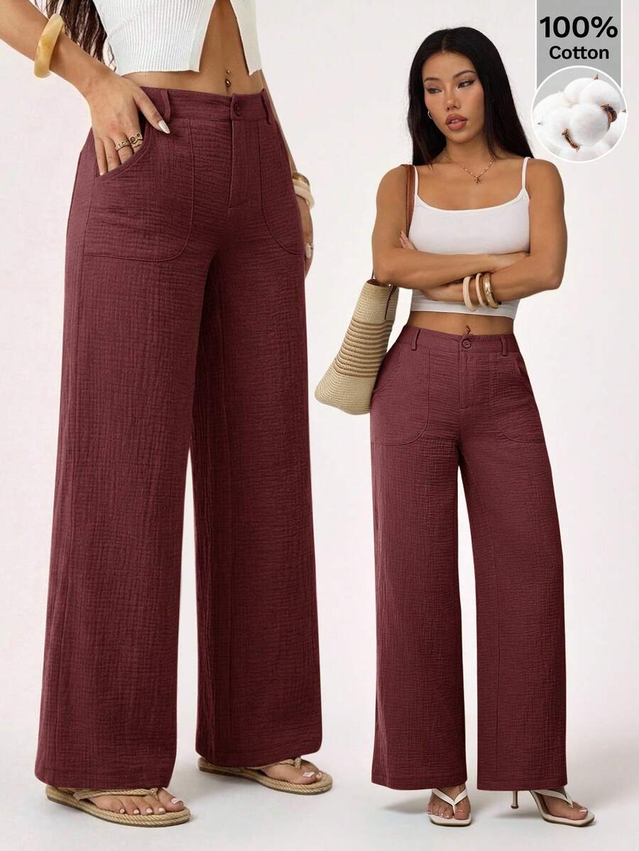 SHEIN PETITE 100% Washed Cotton Low Waist Straight Pants ,Petite Women - Brown - View 1