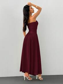SHEIN PETITE Summer Elegant Solid Color Strapless Dress - Burgundy - View 2