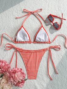 Swim Mod 夏季海灘女款兩件式咖啡棕色格紋印花荷葉邊波浪邊掛脖綁帶上衣搭配側抽繩比基尼泳褲泳裝套裝 - 紅色 - 查看 2