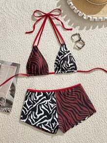 Vaytide New Spring Summer Multi-Color Leopard & Cow Print Patchwork Halter Triangle Cup Bikini Set, Ruched Butt-Lifting Brazilian Shorts, Sexy 2-Piece Beach Vacation Bikini Set For Hot Girls - Multicolor - View 4