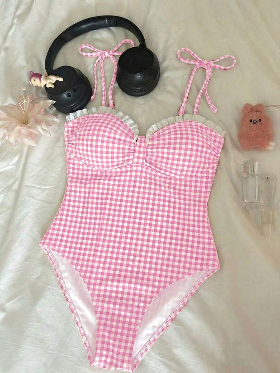 SHEIN MOD 女款度假風荷葉邊飾格紋細肩帶連身泳衣 - 粉色 - 查看 1