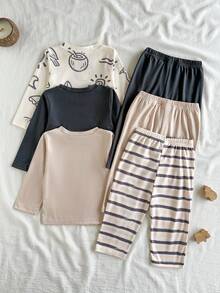 SHEIN Vintaside Kids 6件組男孩獅子卡通印花長袖套裝，活力風格，適合四季，休閒日常穿著，秋季 - 彩色 - 查看 3