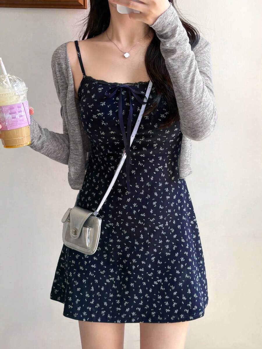 DAZY 女款純色長袖開襟外套與花卉細肩帶洋裝2件套 夏季 - 黑色 - 查看 1