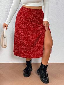SHEIN PETITE CURVE 大尺碼中長版 A 字開衩圓點休閒度假裙 - 紅色 - 查看 8