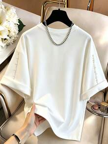 GlowEve Women's Round Neck Faux Pearl Decorated Floral Butterfly Embroidered Pattern Casual Versatile Daily Outing T-Shirt - White - View 2
