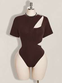 SHEIN ICON 女款大尺碼解構純色鏤空設計短袖連身衣 - 棕色 - 查看 4