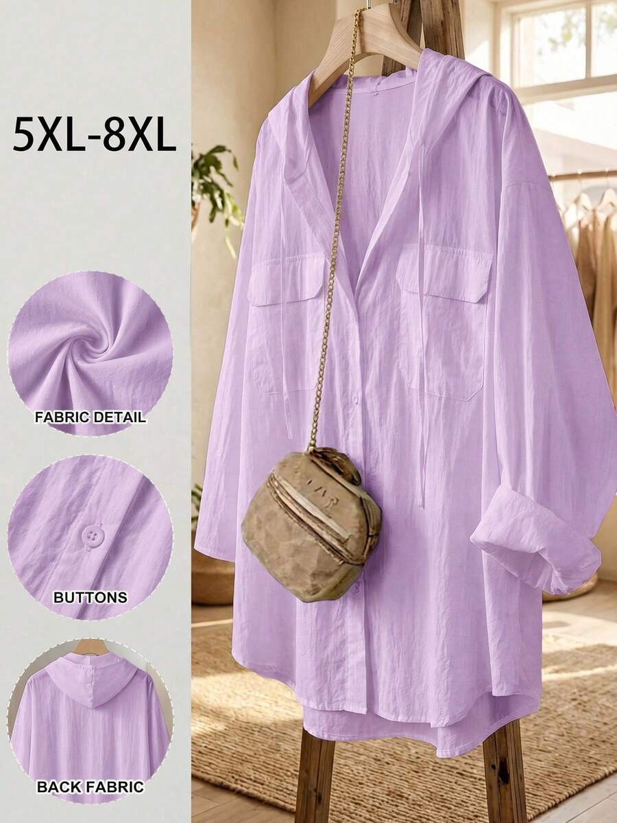 SHEIN CURVE+ 大尺碼女款連帽寬鬆襯衫,涼爽透視防曬度假休閒風 - 淡紫色 - 查看 1