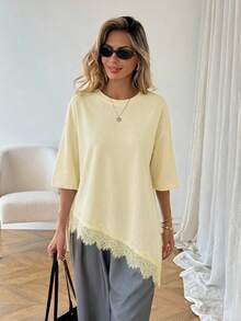 SHEIN LUNE Women's Casual Solid Color Asymmetrical Hem Lace Patchwork T-Shirt, Basic Everyday Wear For Spring & Summer - Apricot - View 4