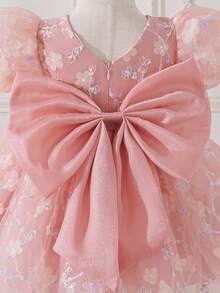 SHEIN Glamorique Kids 女嬰生日派對、婚禮節日舞會禮服裙，後背大蝴蝶結，薄紗3D花朵公主裙，中東、歐美風格，四季皆宜 - 藕粉色 - 查看 6