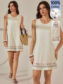SHEIN Tall Women's Cotton-Linen Textured Sleeveless Tank Dress,Apricot Summer Boho Holiday Vacation,Bohemian Style Beach Resort Wear,Casual Fashion Street Look, Tall Women - Apricot - View 4