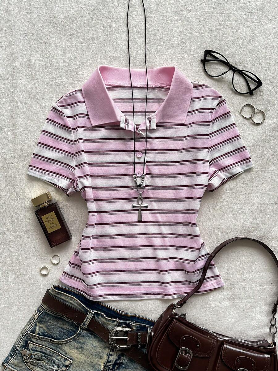 Attitoon 女款條紋POLO領短袖休閒T恤 - 粉色 - 查看 1