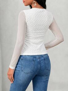 SHEIN Lady 休閒百搭白色紋理拼接T恤 - 白色 - 查看 2