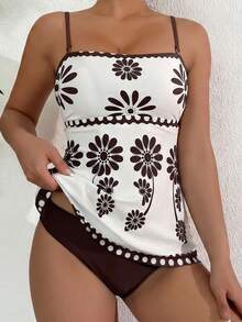 Swim Lushoire 2 pièces Ensemble de bikini à imprimé floral vert haute élasticité pour femmes, comprenant un Top bandeau à imprimé floral et un bas triangle de couleur unie. Ensemble de bikini élégant pour la plage au printemps/été - Multicolore - Voir 3