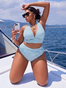 Slaydiva Plus Size 2-Piece Minimalist Casual Summer Women's Halter Neck Separated Fashion Vacation Beach Swimsuit Set - Multicolor - View 6