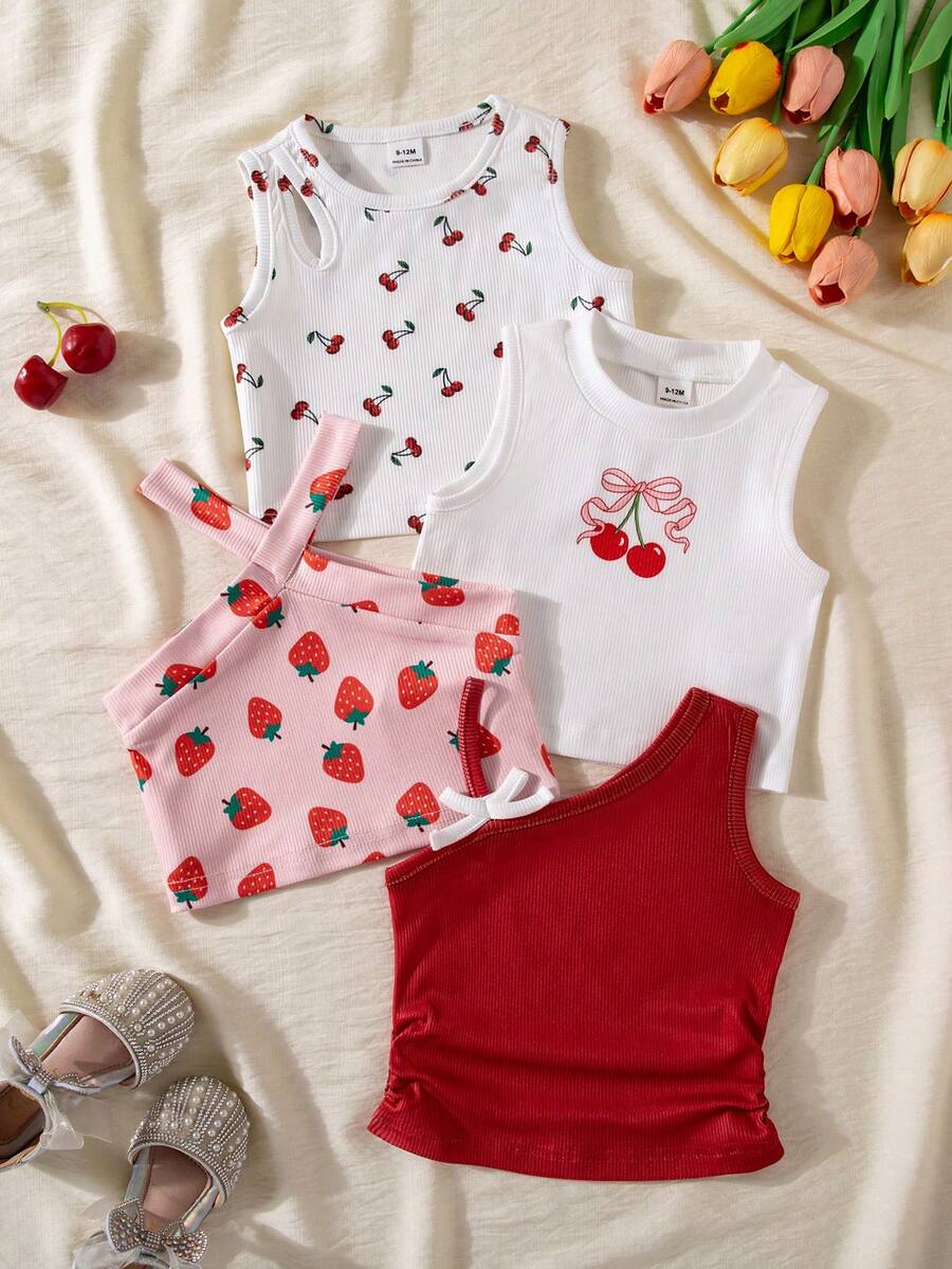 SHEIN Playful Pals 4件/組 嬰兒女童夏季櫻桃 & 草莓印花背心上衣 - 粉色 - 查看 1