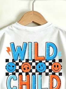 Young Boy Fashionable Minimalist Korean Style Square Plaid Colorful English Slogan Print, Round Neck Short Sleeve T-Shirt Paired With Vertical Stripe All-Over Print Sports Pants Set, Suitable For Holiday Gatherings, Parties, Easy And Comfortable, Summer Essential Choice, Casual Wear, Streetwear, Back To School, Outdoor Picnic, Street Photography, Campus, Holiday, Gift - Multicolor - View 5