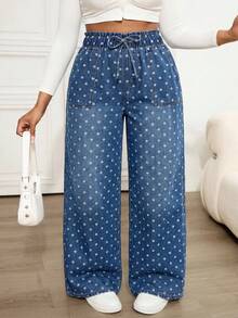 SHEIN ICON 大尺碼女款圓點圖案牛仔長褲休閒寬鬆彈性腰帶 - 藍色 - 查看 1