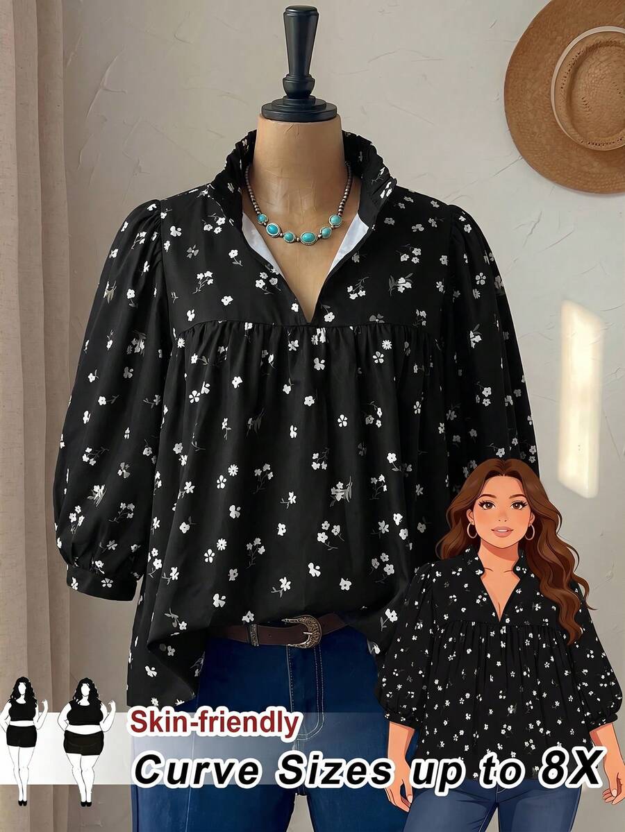 SHEIN CURVE+ Holiday Style Casual All-Match Plus Size Off-Shoulder Holiday Style Blue And White Floral Pattern Keyhole Collar Shirt, Summer Vacation - Black - View 1