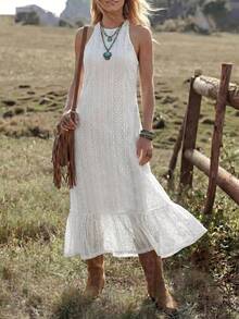 Wildy BOHO Jamican Sexy Casual Western Country Textured Hollow Out Women's Summer Daily Basic Outfit Outing Beach Vacation Commute Backless Lace-Up Dress - White - View 4