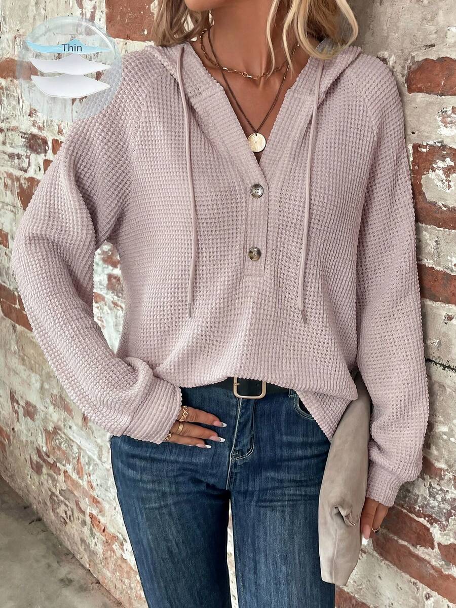 SHEIN LUNE Half Button Raglan Sleeve Drawstring Hoodie,Long Sleeve Tops Graduation,Back To School Outfits,Graduation,Teacher Outfits For Women,Back To School In Fall/Winter - Light Grey - View 1