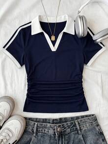 SHEIN Tween Girls' Casual Colorblock Ribbon Patchwork Bow Embroidered Polo Collar Short Sleeve T-Shirt, Summer - Navy Blue - View 1
