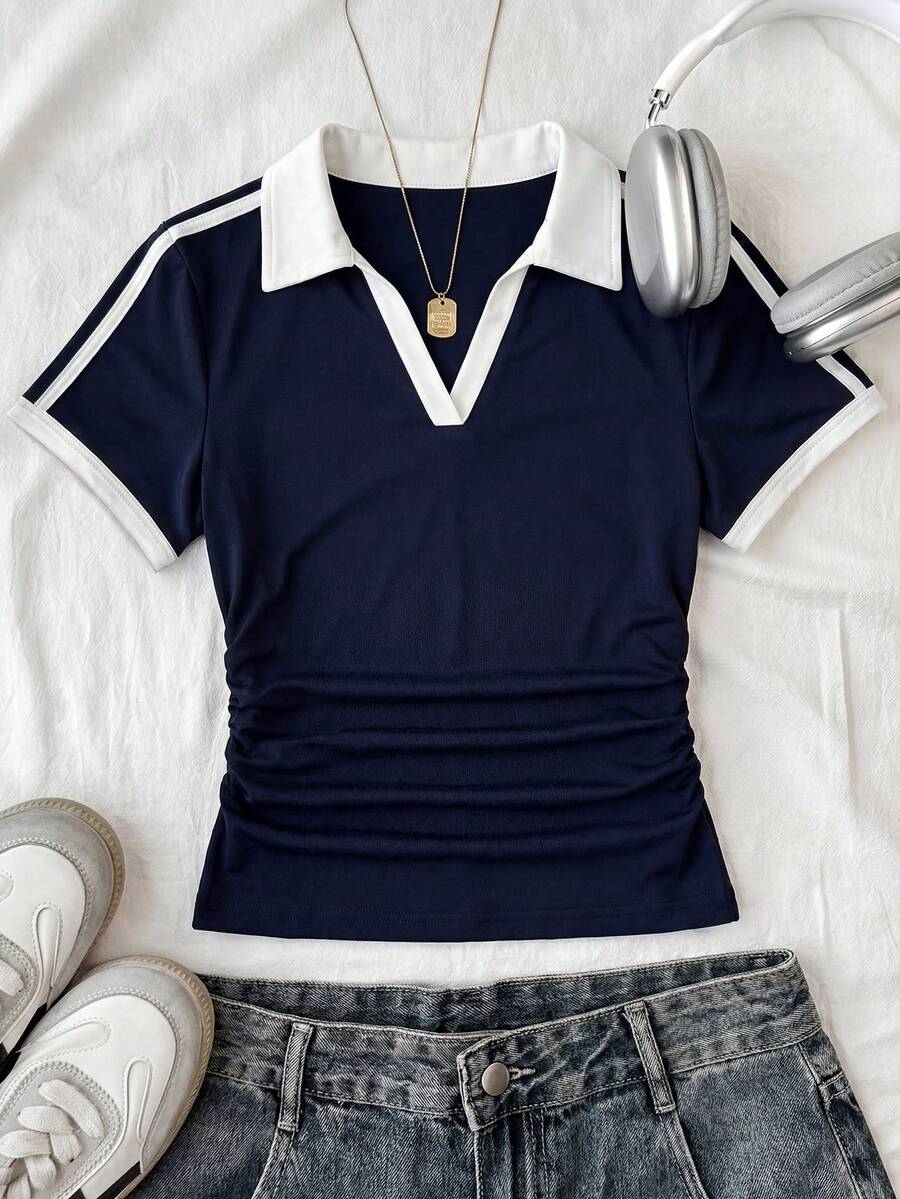 SHEIN Tween Girls' Casual Colorblock Ribbon Patchwork Bow Embroidered Polo Collar Short Sleeve T-Shirt, Summer - Navy Blue - View 1