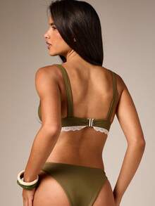 AiiRZ Lace Trim Plunge V-Neck Bikini Set With Triangle Top And High-Cut Cheeky Bottoms Summer Beach Party Olive Green Sexy - Multicolor - View 3