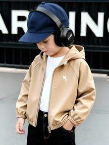 SHEIN Genkimix Kids 1件男童休閒極簡街頭連帽長袖外套 時尚設計 適合秋季穿著 4-7歲男孩日常上學 嬰童白色 - 卡其色 - 查看 3