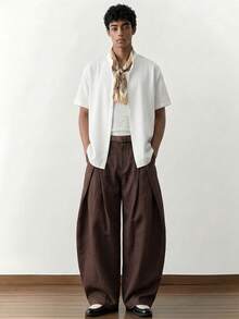 SWAVVY Men's Woven Solid Color Pocket Button Pleated Loose Long Pants - Redwood - View 3