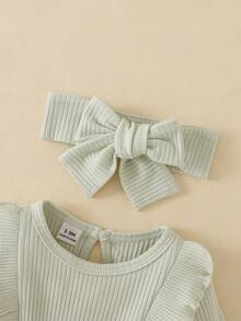 SHEIN Vintaside Kids 新生兒圓領長袖優雅針織條紋拼接網紗洋裝外出穿著 - 綠色 - 查看 11