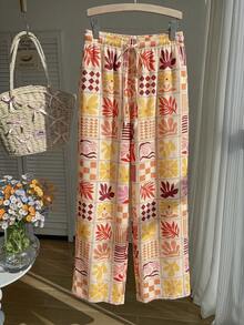 Comfortcana Spring/Summer Vacation Ocean Floral Print Casual Lace-Up Plus Size Long Pants - Multicolor - View 4