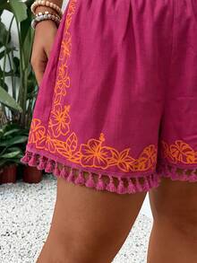 SHEIN SXY 大尺碼花卉印花流蘇下擺時尚短褲 - 玫紅色 - 查看 5
