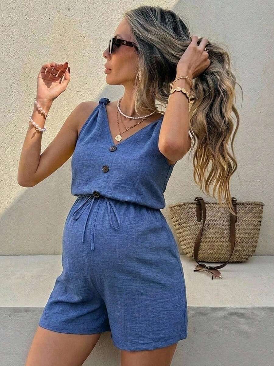 SHEIN 孕婦紋理鈕扣繫帶式連身褲 - 藍色 - 查看 1