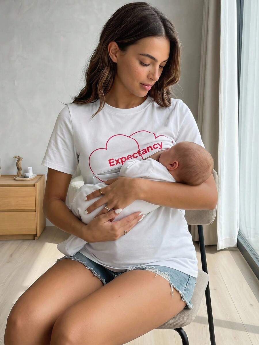 SHEIN 孕妇及哺乳期休闲字母爱心印花圆领短袖T恤,夏季 - 白色 - 查看 1