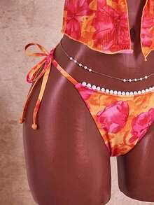 Swim Mod 女款夏季海灘度假甜美碎花毛球蕾絲珍珠裝飾細肩帶綁背性感背心比基尼套裝 - 彩色 - 查看 8
