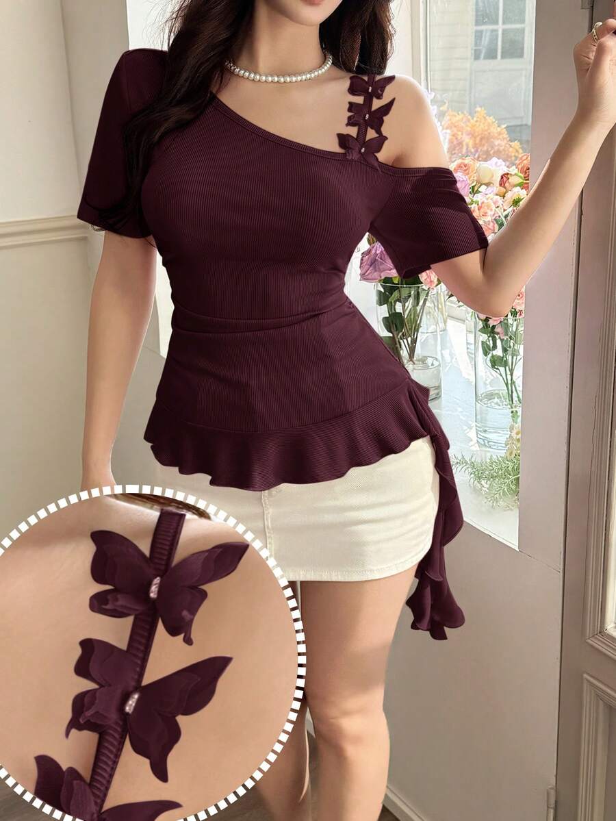 Feyla 女款素色百褶休閒百搭日常外出上衣 - 酒紅色 - 查看 1