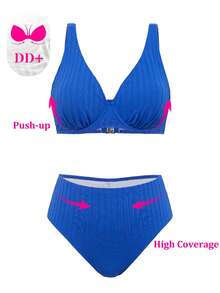 Swim DD+ 女款性感墊臀鋼圈時尚紋理面料 DD+ 皇家藍高腰兩件式夏季比基尼套裝 - 藍色 - 查看 4