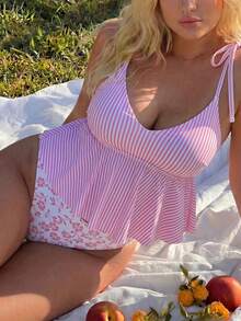 Swim Mod Plus Size Women's 2-Piece Random Print Elegant Beach & Pool Tank Style Swimsuit - Pink - View 3