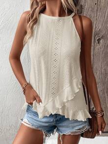 EMERY ROSE Women's Solid Color Ruffle Trim Tank Top For Vacation And Casual Wear - Beige - View 4