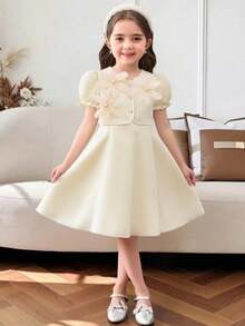 SHEIN Elladie kids 女童杏色泡泡袖短外套，饰有3D杏花图案和仿珍珠纽扣，搭配无袖连衣裙，后背隐形拉链，时尚、优雅、可爱，适合日常、通勤、派对等场合。 - 杏色 - 查看 8