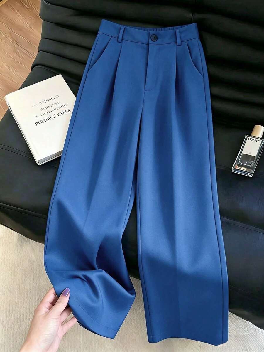 SHEIN PETITE 女款休閒百搭素色西裝長褲 - 藍色 - 查看 1