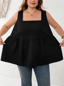 SHEIN CURVE+ 大尺碼女款春夏時尚休閒寬鬆舒適百搭顯瘦黑色娃娃上衣，夏季出遊度假極簡風黑色上衣，春夏女款襯衫 - 黑色 - 查看 4
