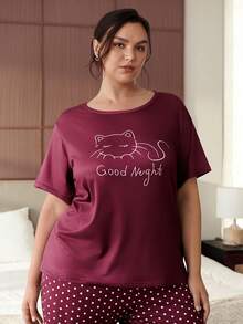 Slumbrini Pijama de mujer talla grande con estampado de gato, compuesto por camiseta de manga corta y pantalón de siete cuartos, color rojo, nuevo estilo de primavera/verano - Burdeos - Ver 6