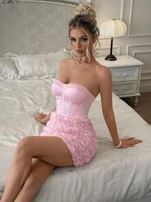 Poshira Robe de cocktail sans bretelles élégante pour femmes avec décoration florale 3D et taille marquée - Rose bonbon - Voir 1