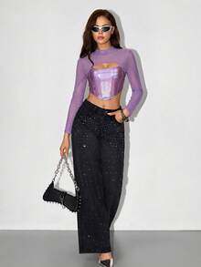SHEIN ICON 黑色PU網格鏤空前襟不對稱下擺短版T恤 - 淡紫色 - 查看 5