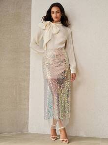 Anewsta Summer Fashion Elegant Ocean Shell Iridescent Sequin Mid-Waist Women's Skirt - Apricot - View 7