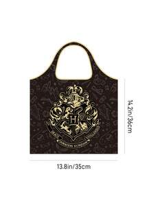 HARRY POTTER X SHEIN 1個可愛卡通印花聚酯纖維材質可折疊購物袋，托特包，附小收納袋與珠鏈，可掛在包上，度假適用 - 黑色 - 查看 4