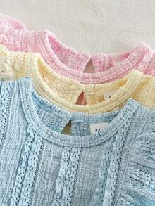 SHEIN Vintaside Kids 3件組彩色極簡田園風荷葉邊飾緹花布料荷葉領套頭T恤上衣，舒適休閒可愛，春夏新款 - 彩色 - 查看 5