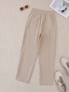Breezaya Plus Size Linen Women's All-Season Casual Long Pants, Featuring Drawstring And Cuff Design, Linen Textured Fabric, Elastic Drawstring Waist And Cuff Detail With Wooden Button Decoration, Creating A Relaxed And Elegant Look, Suitable For Vacation Or Light Casual Occasions, Versatile Choice Among Khaki Elegant Long Pants And Loose Tapered Pants. - Khaki - View 2