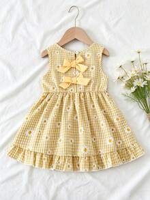 SHEIN 女婴3个月-3岁连衣裙，1件套休闲可爱日常秋季穿搭，棕色蝴蝶结装饰无袖蓬蓬裙 - 黃色 - 查看 1